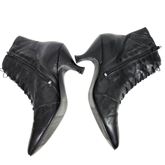 Vintage Poppies Leather Granny Boots Black Ankle Booties Pointy Kitten Heel 7.5 - Picture 6 of 16